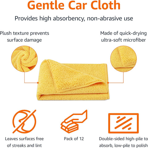 Amazon Basics Microfiber Car Drying Towels, Highly Absorbent, Lint Free, Scratch Free, Ultra-Soft, Car Detailing, Buffing and Polishing, 16" x 16", Yellow, 12-Pack