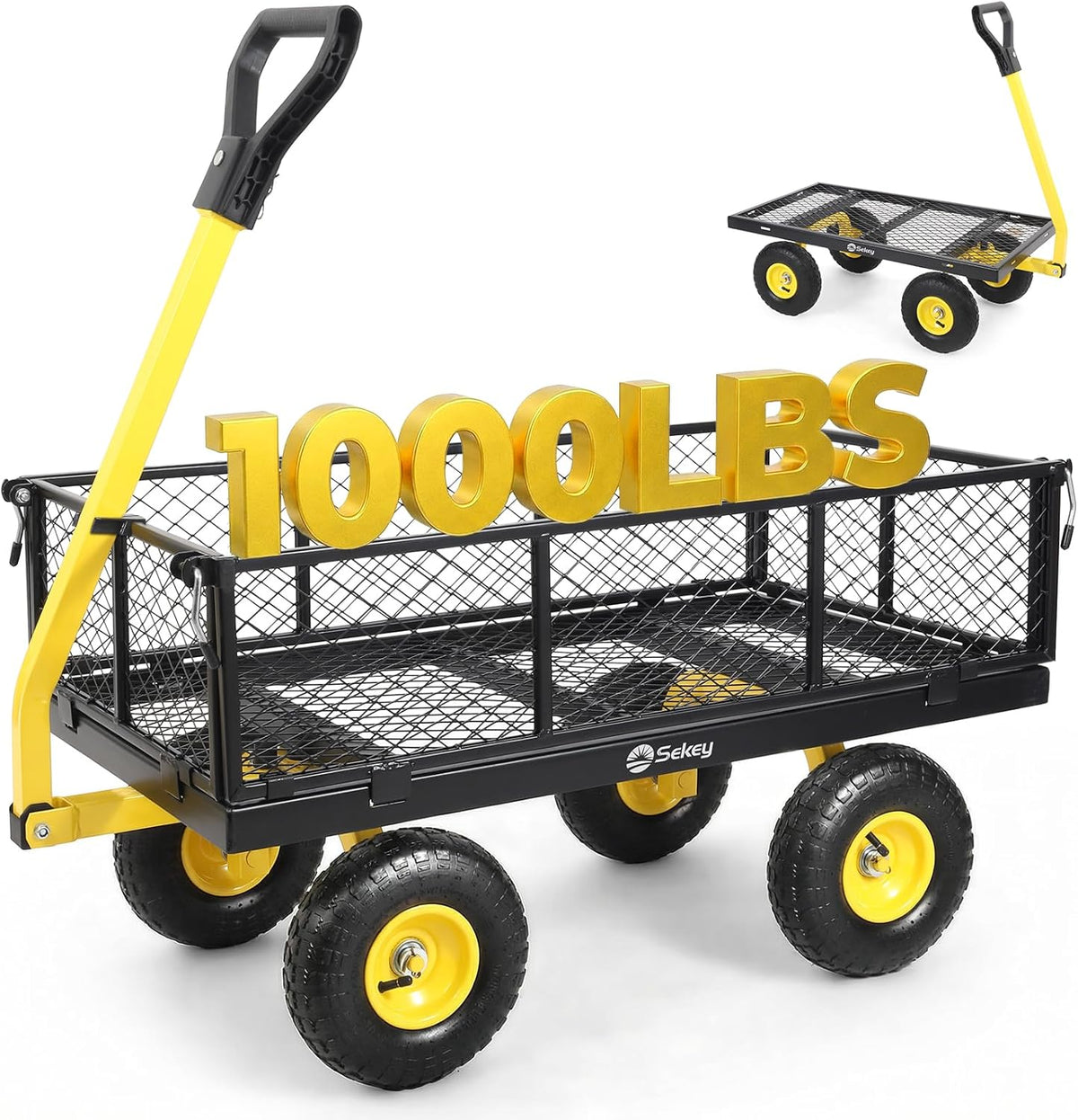 Sekey Steel Garden Cart, 1000 lb Capacity, Removable Sides, 10 in Tires
