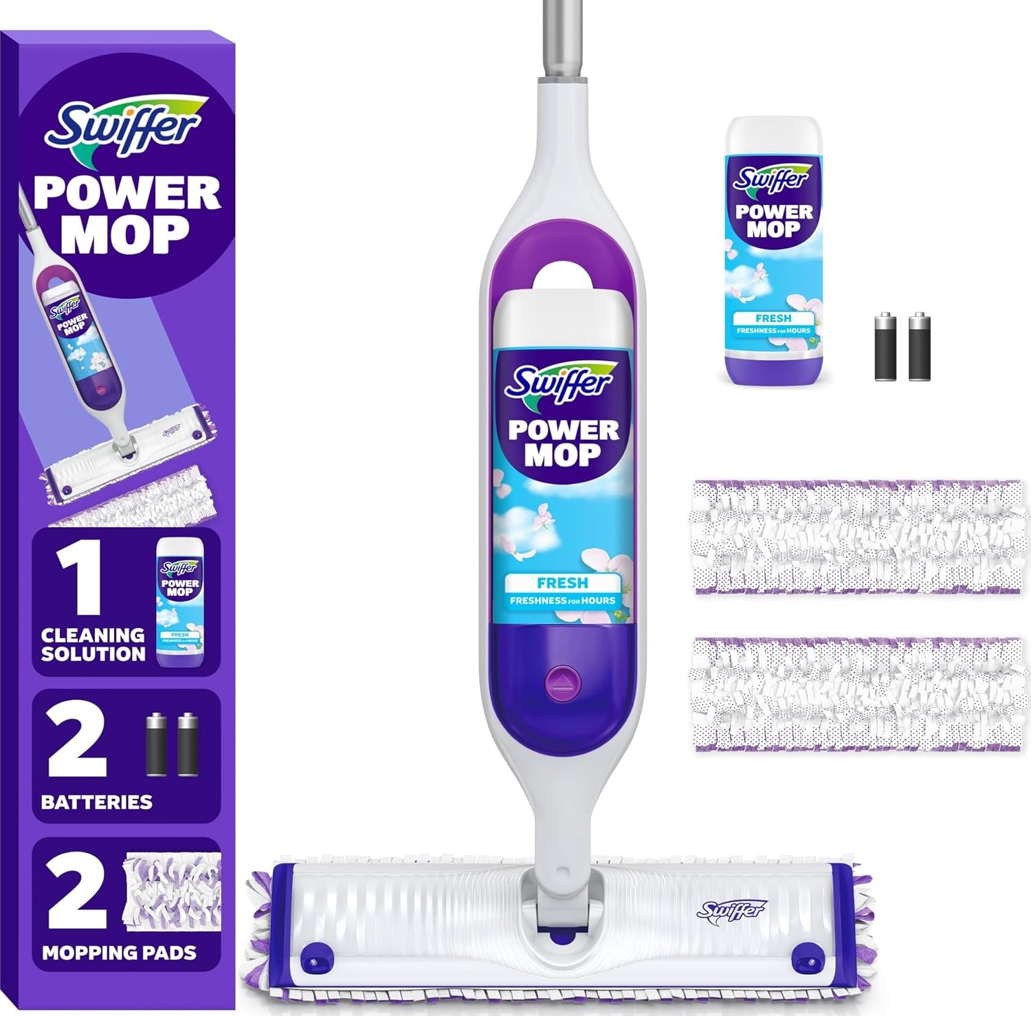 Swiffer PowerMop Mopping Kit for Floor Cleaning, Set Includes 1 Power Mop, 2 Replacement Pads, 1 Liquid Solution Refill, 2 Batteries, No Bucket Needed Electric Spray Cleaner, Multi-Surface and Wood