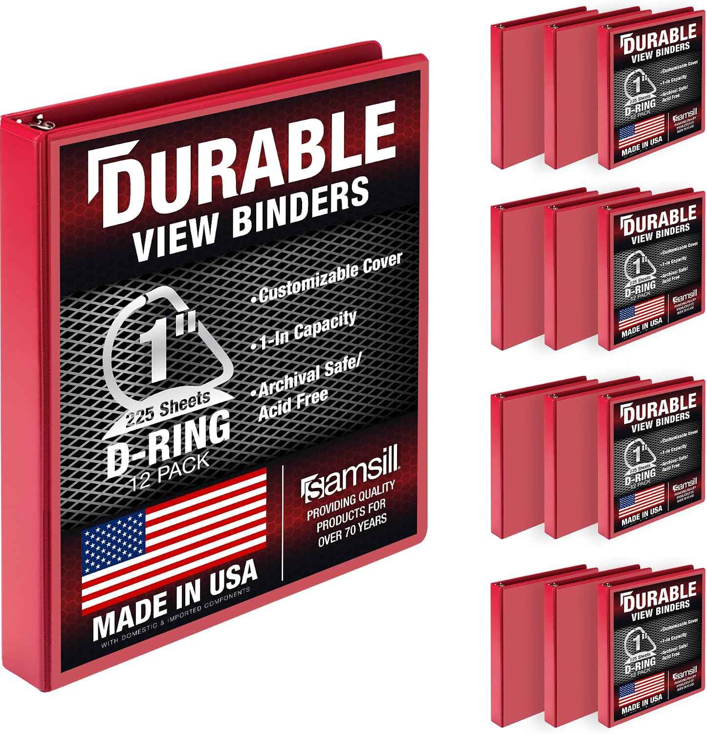 Samsill Durable 1 inch 3 Ring Binder, D Ring Binder, 100% Recycled Chipboard, Red, 12 Pack