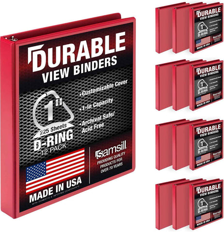 Samsill Durable 1 inch 3 Ring Binder, D Ring Binder, 100% Recycled Chipboard, Red, 12 Pack