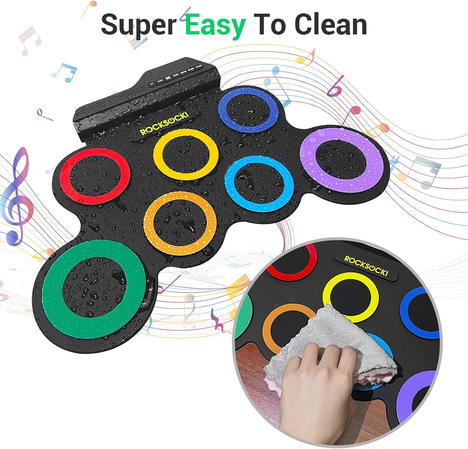 ROCKSOCKI Electric Drum Set, 7-Pad Kids Electronic Drum Set with Headphone Included, Roll-up Drum Practice Pad, Great Holiday Xmas Birthday Gift for Kids