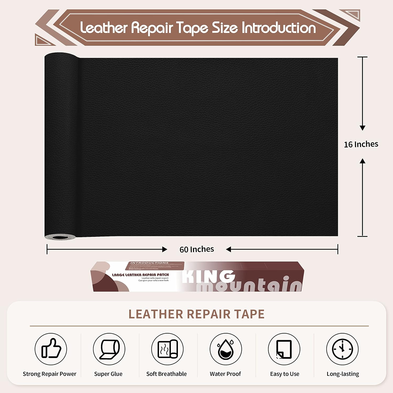 KING MOUNTAIN Leather Repair Patch,16 x 60 Inches self Adhesive Leather Repair Tape for Damaged Leather Furniture, Sofa Seating,Car Seats, Leather Goods(Black)
