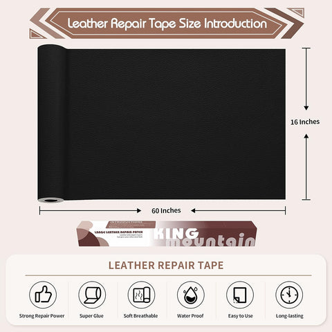 KING MOUNTAIN Leather Repair Patch,16 x 60 Inches self Adhesive Leather Repair Tape for Damaged Leather Furniture, Sofa Seating,Car Seats, Leather Goods(Black)