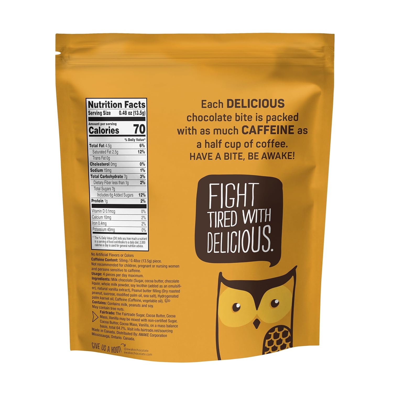 AWAKE - Caffeinated Chocolate Bites - Peanut Butter Milk Chocolate, 50 pieces - 50mg Caffeine - Wrapped Energy Bites - Coffee Alternative - Fairtrade, Gluten Free, Non GMO - 0.48oz