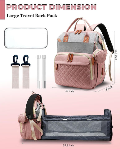 Diaper Bag with Changing Station, Waterproof 3 in 1 Diaper Backpack with Foldable Changing Pad, Large Travel Backpack for Mom & Dad, Baby Gift for Baby Girl & Boy, Pink-Grey