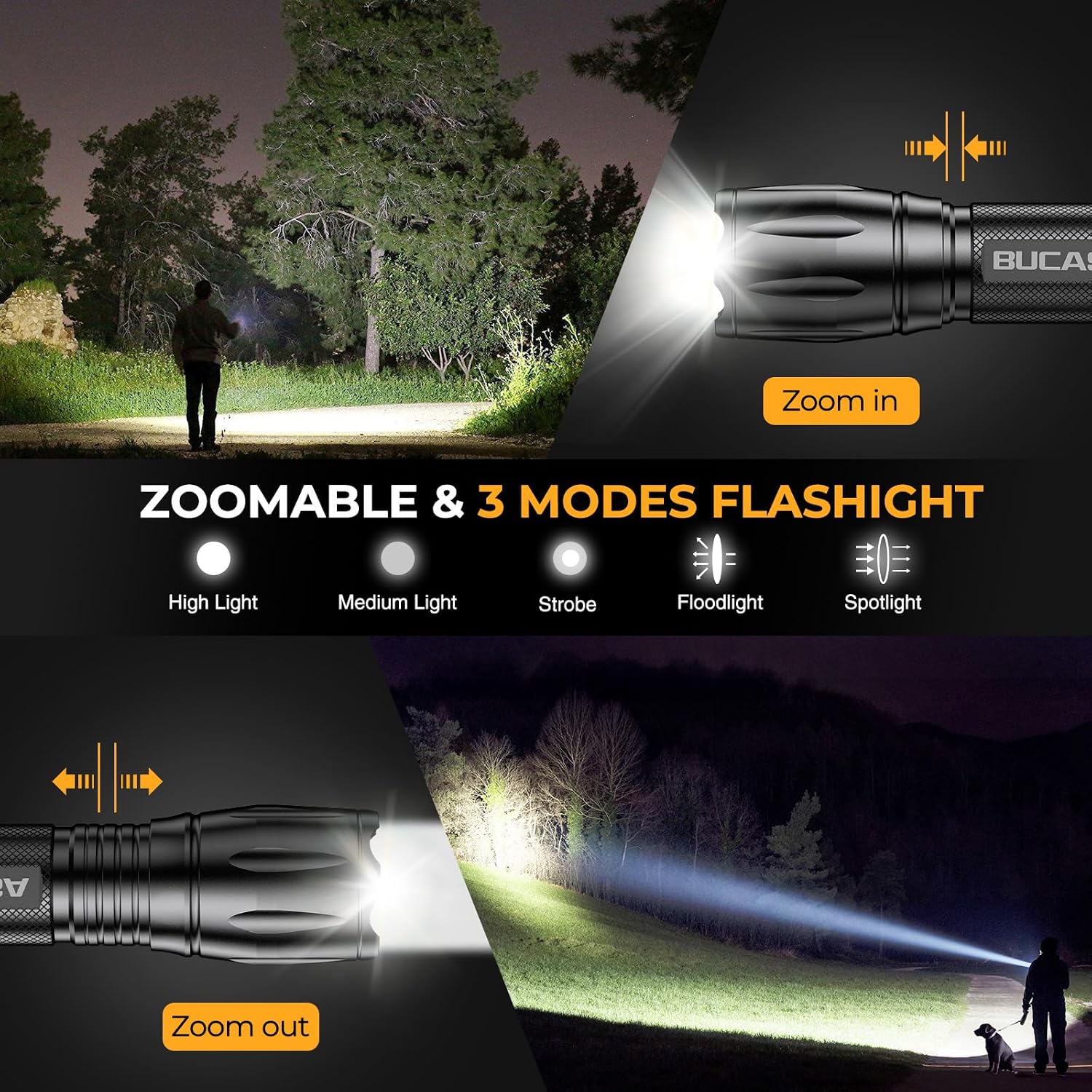 BUCASA Rechargeable Flashlights High Lumens 3 Pack, Brighter Small Flashlight Powerful Tactical Flashlights Rechargeable, Waterproof LED Flashlight with 3 Modes Zoomable for Camping Emergency