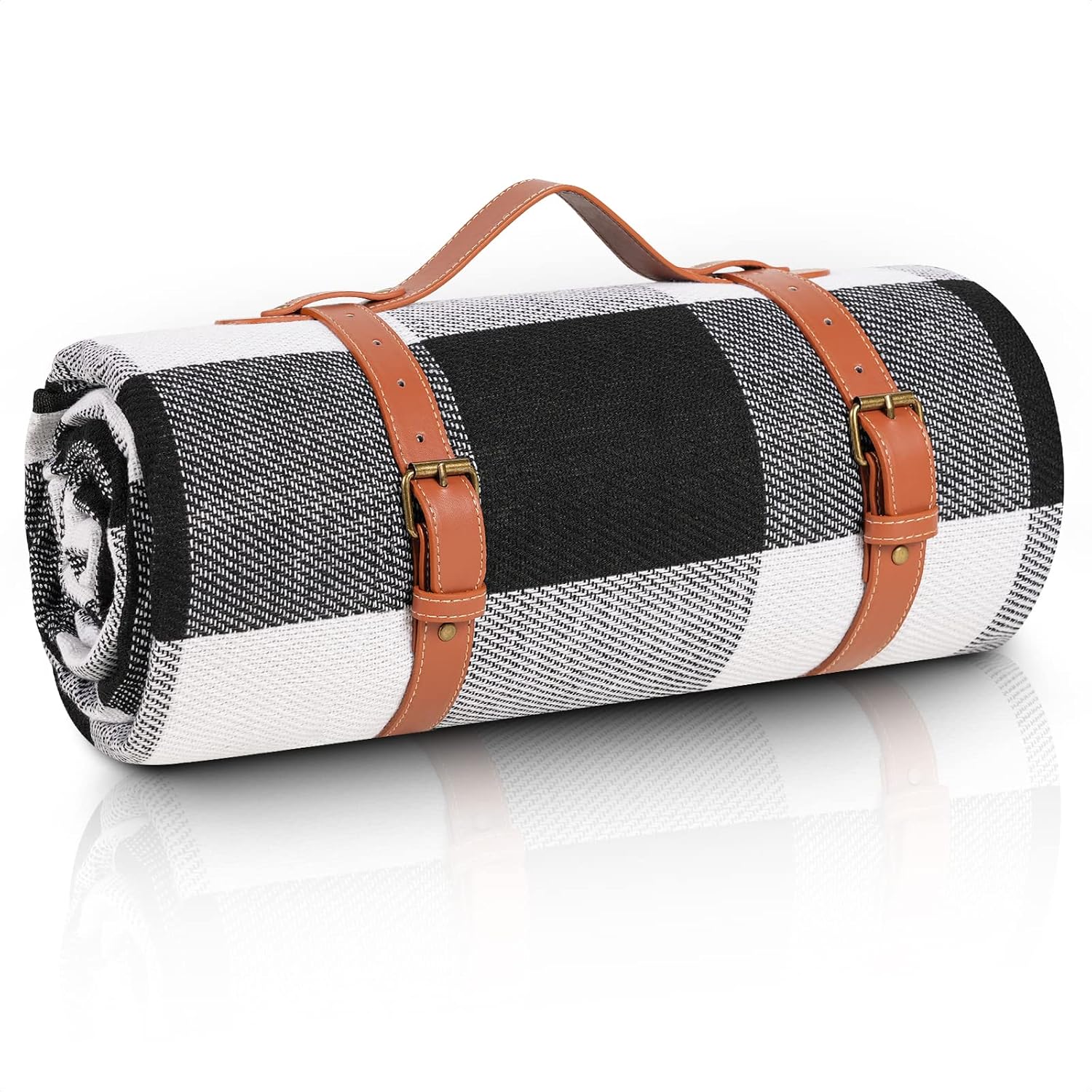 sapsisel 80”x 60” Picnic Blanket Extra Large, Waterproof Picnic Blanket Beach Blanket (Black & White Grids)