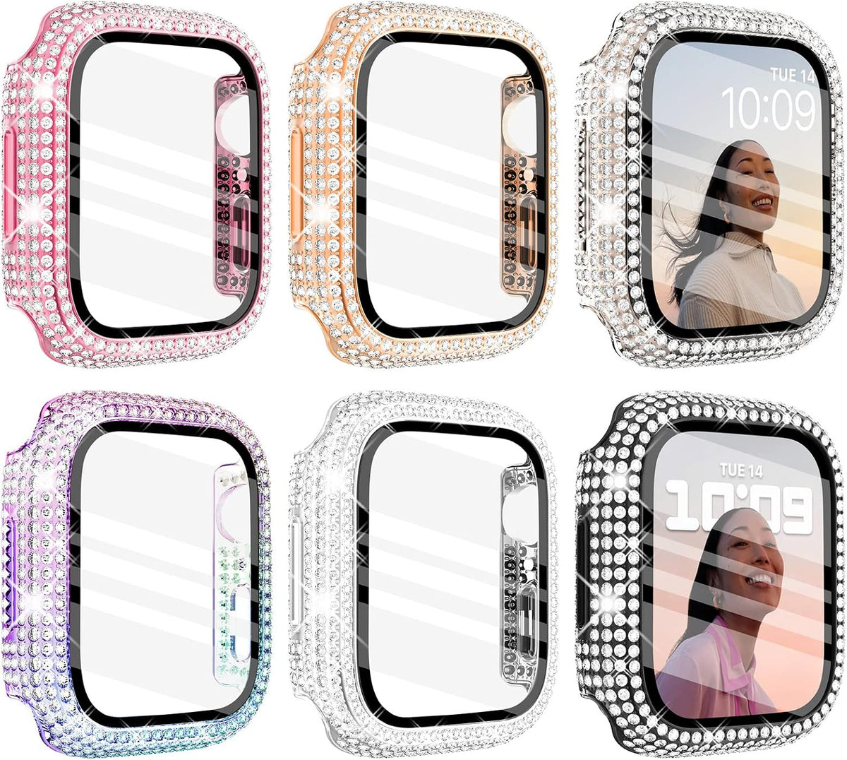 Wingle 6 Pack for Apple Watch Case 41mm Series 9 8 7 with Screen Protector, Over 400 Bling Crystal Diamond Apple Watch Face Cover Bumper with Tempered Glass Screen Protector for Women iWatch 9 8 41 mm