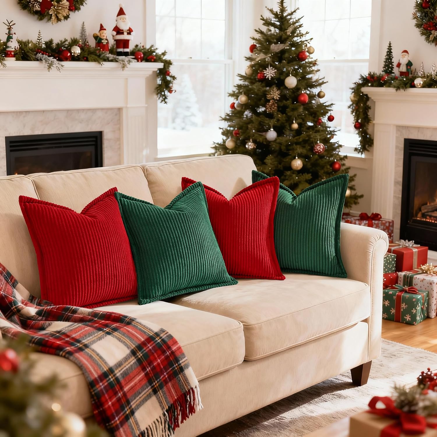 Mecatny Soft Corduroy Throw Pillow Covers 26x26 Set of 2 Christmas Green