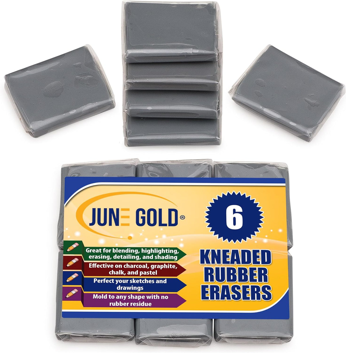 June Gold 6 Gray Kneaded Erasers, Moldable for Graphite, Charcoal & More