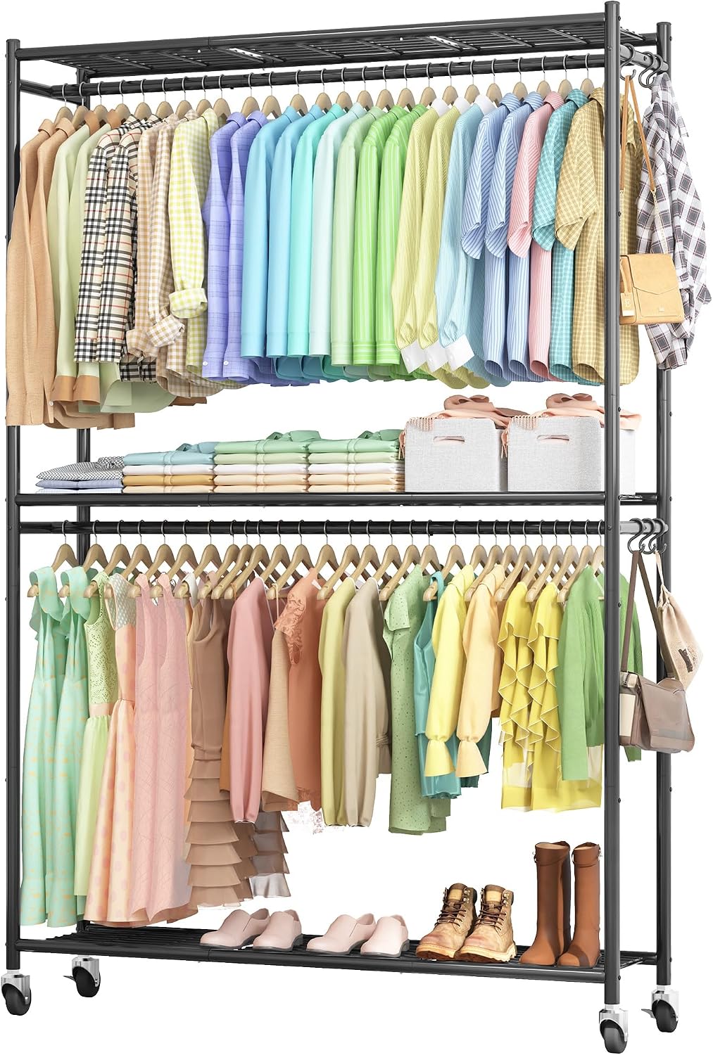 Sakugi Clothes Rack - 33.0" x 12.2" x 79.5" Clothing Rack with Shelves & Wheels, Multi-Functional Wardrobe Closet with Hooks, Sturdy Metal Garment Rack for Bedroom, Laundry, Balcony (Gold)