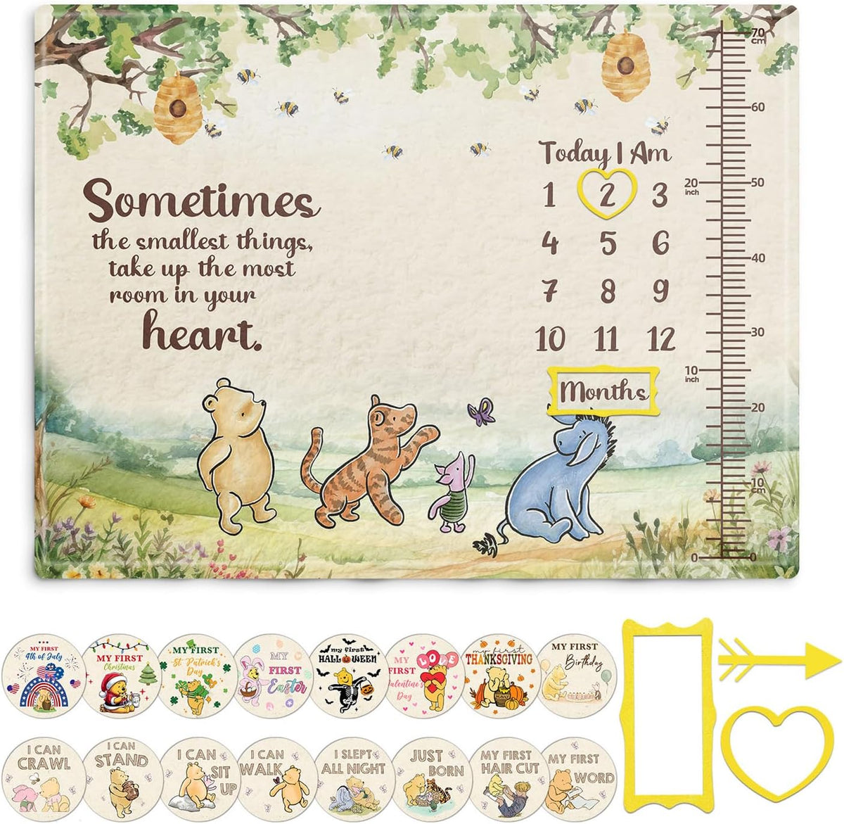 the Pooh Baby Monthly Milestone Blanket, Winnie Monthly Blanket Growth Chart, Winnie Quotes Decor with Double-Sided Printed Cardstock（16 Unforgettable Moments of Babies） 30 * 40in