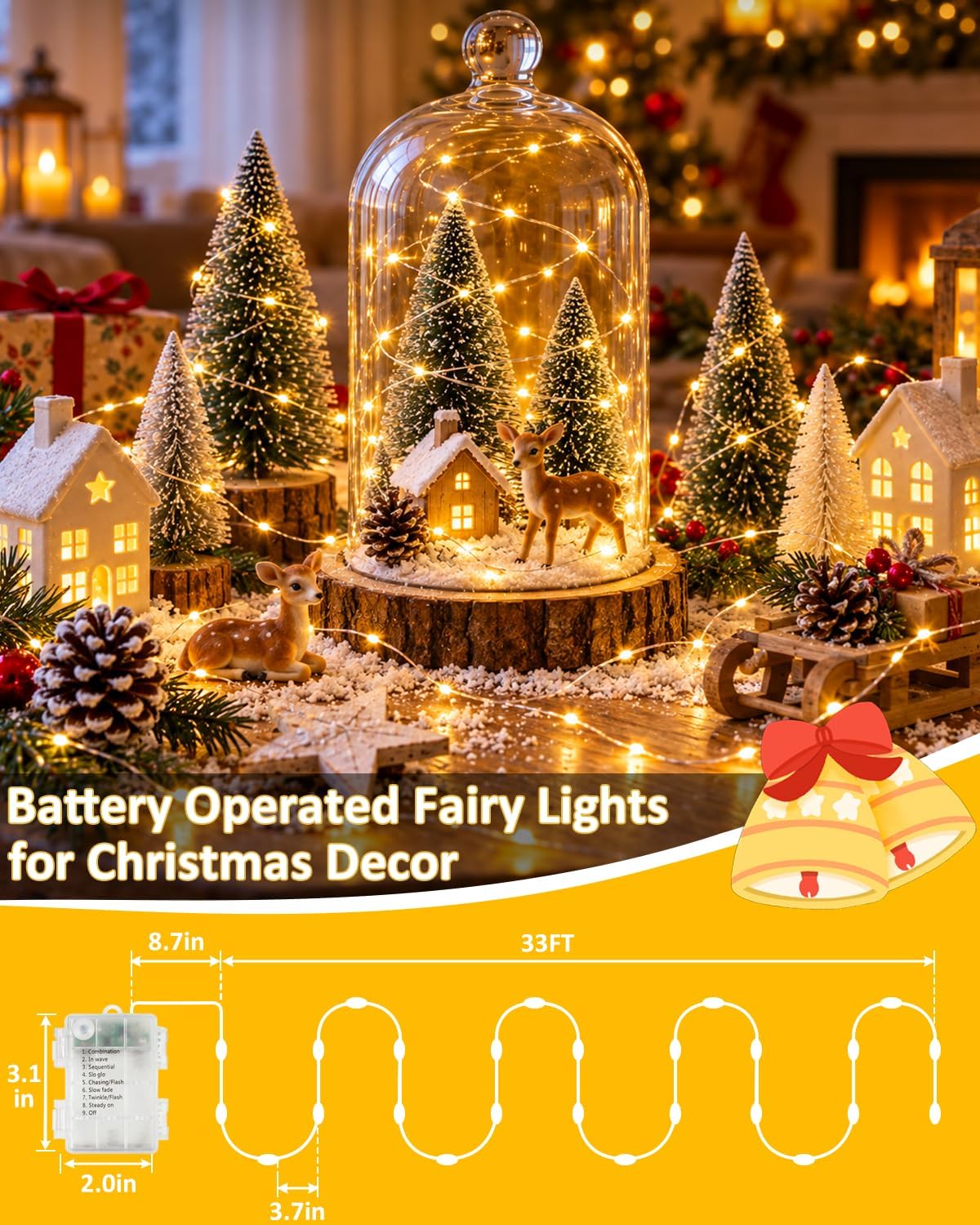 4 Pack 100 LED Fairy Lights Battery Operated with Remote, 33 FT Warm White