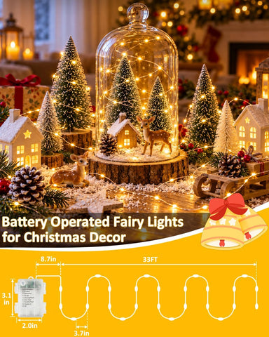 4 Pack 100 LED Fairy Lights Battery Operated with Remote, 33 FT Warm White