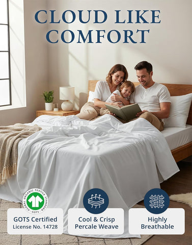 LANE LINEN Queen Sheets 100% Organic Cotton 4pc Percale Cooling - White