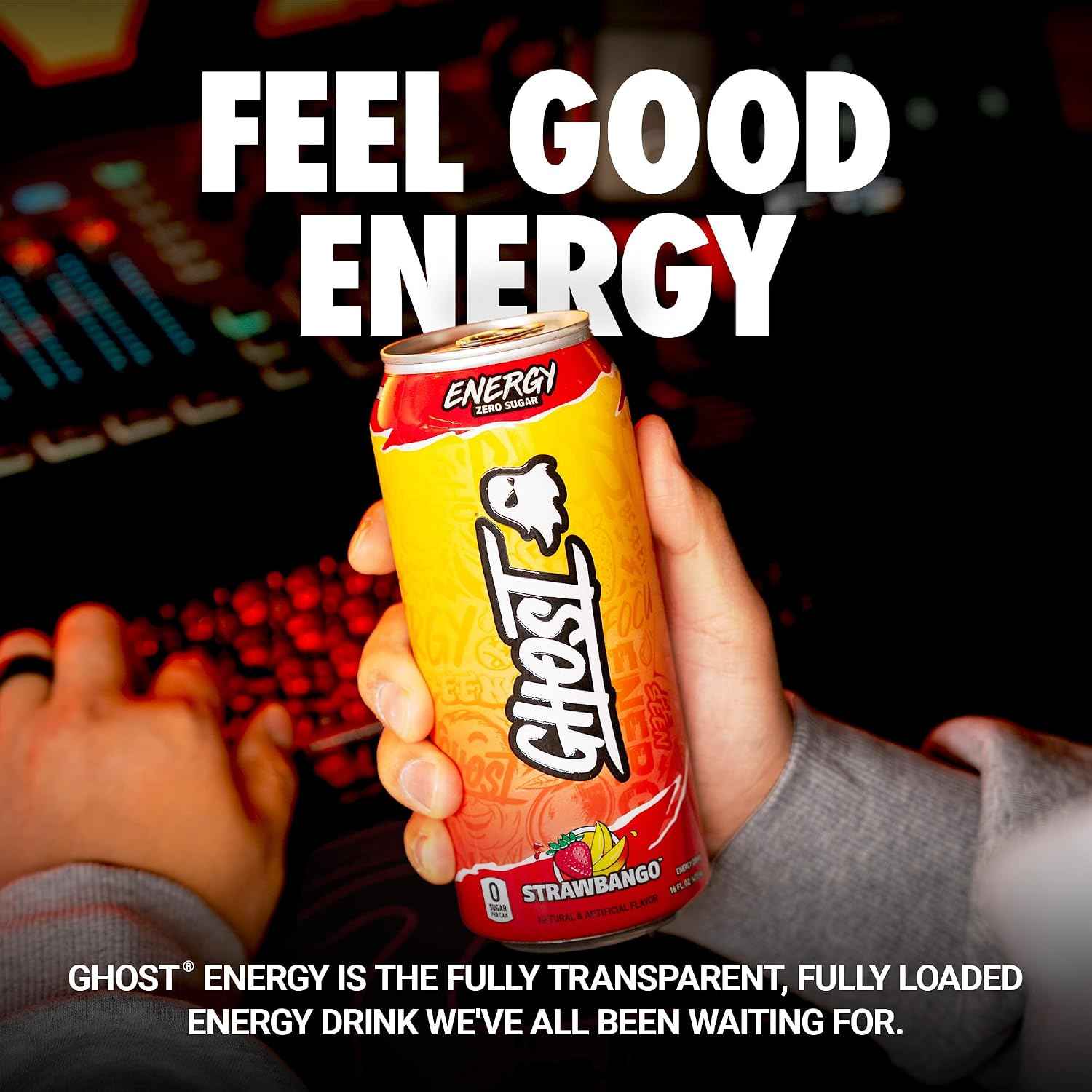 GHOST Energy Drink, Zero Sugars, 12-Pack, Strawbango - 200MG Caffeine, 16oz