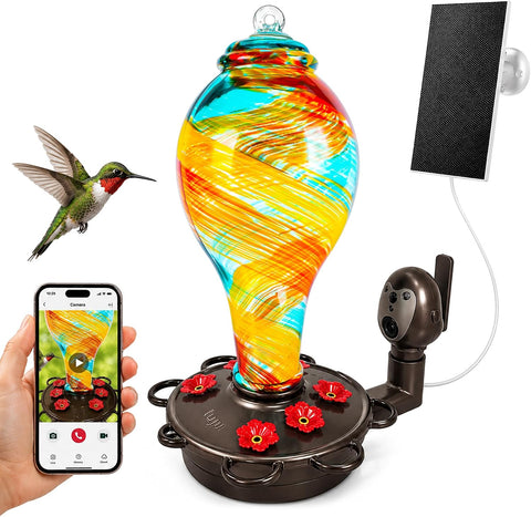 LUJII Smart Hummingbird Feeder with Camera for Outdoor Hanging, Hand Blown Glass, Solar WiFi Feeder with Live View App, 6 Feeding Ports, Leak-Resistant Design, Ant Moat & Gift Box, 36 fl oz, Ribbon