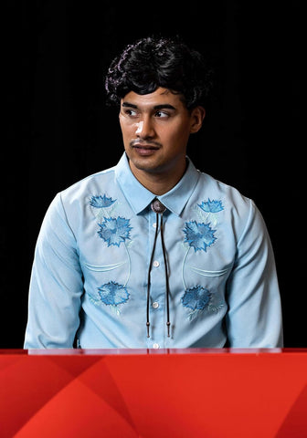 Men's Napoleon Dynamite Pedro Sanchez Halloween Costume | Adult Movie Character Outfit with Blue Shirt, Bolo Tie and Wig
