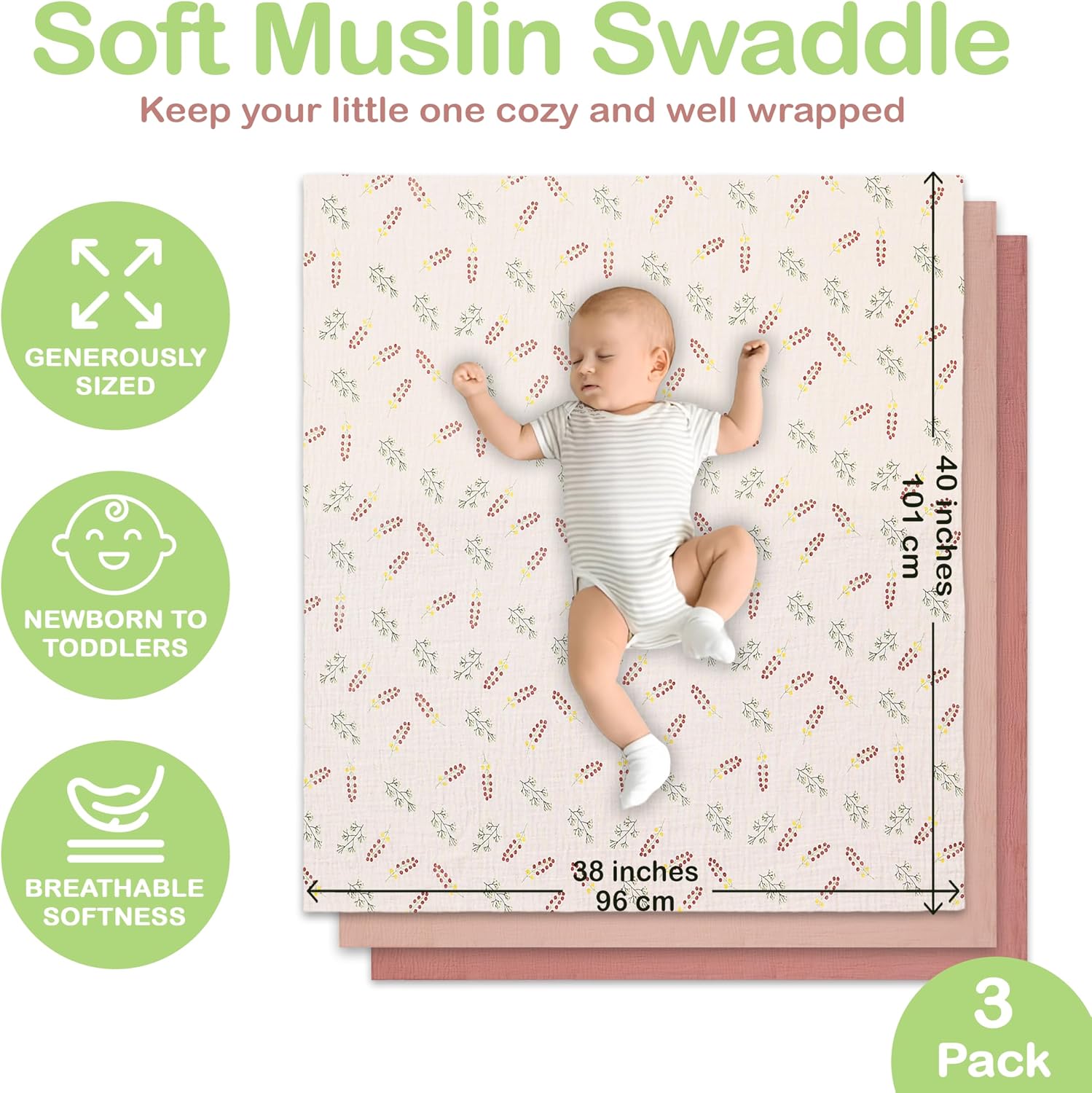 100% Organic Cotton 3 PK Baby Muslin Blanket Girl Gift 38x40 Inch