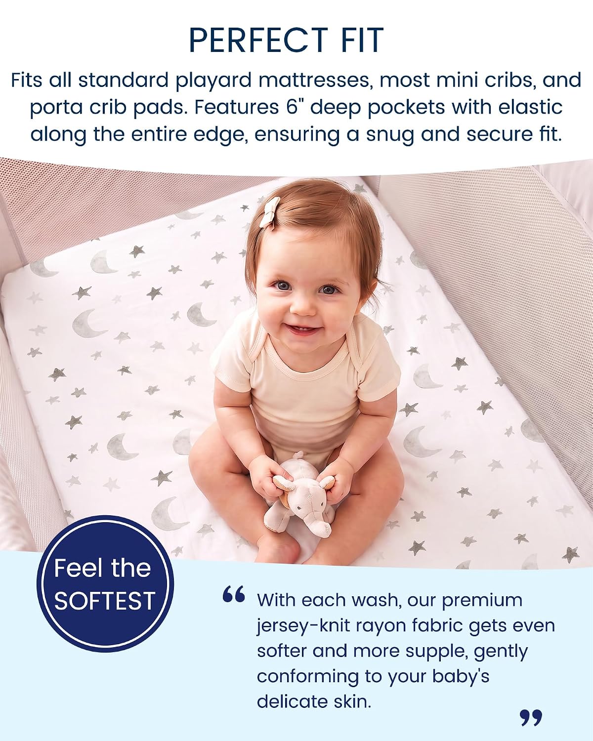 TotAha Premium Soft Pack n Play Sheets, Super Stretchy Jersey Knit Mini Crib Sheets Fitted, Silky Comfort Graco Pack and Play Mattress Sheets 2-Pack, Moon & Grey Sky