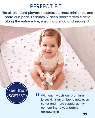 TotAha Premium Soft Pack n Play Sheets, Super Stretchy Jersey Knit Mini Crib Sheets Fitted, Silky Comfort Graco Pack and Play Mattress Sheets 2-Pack, Moon & Grey Sky