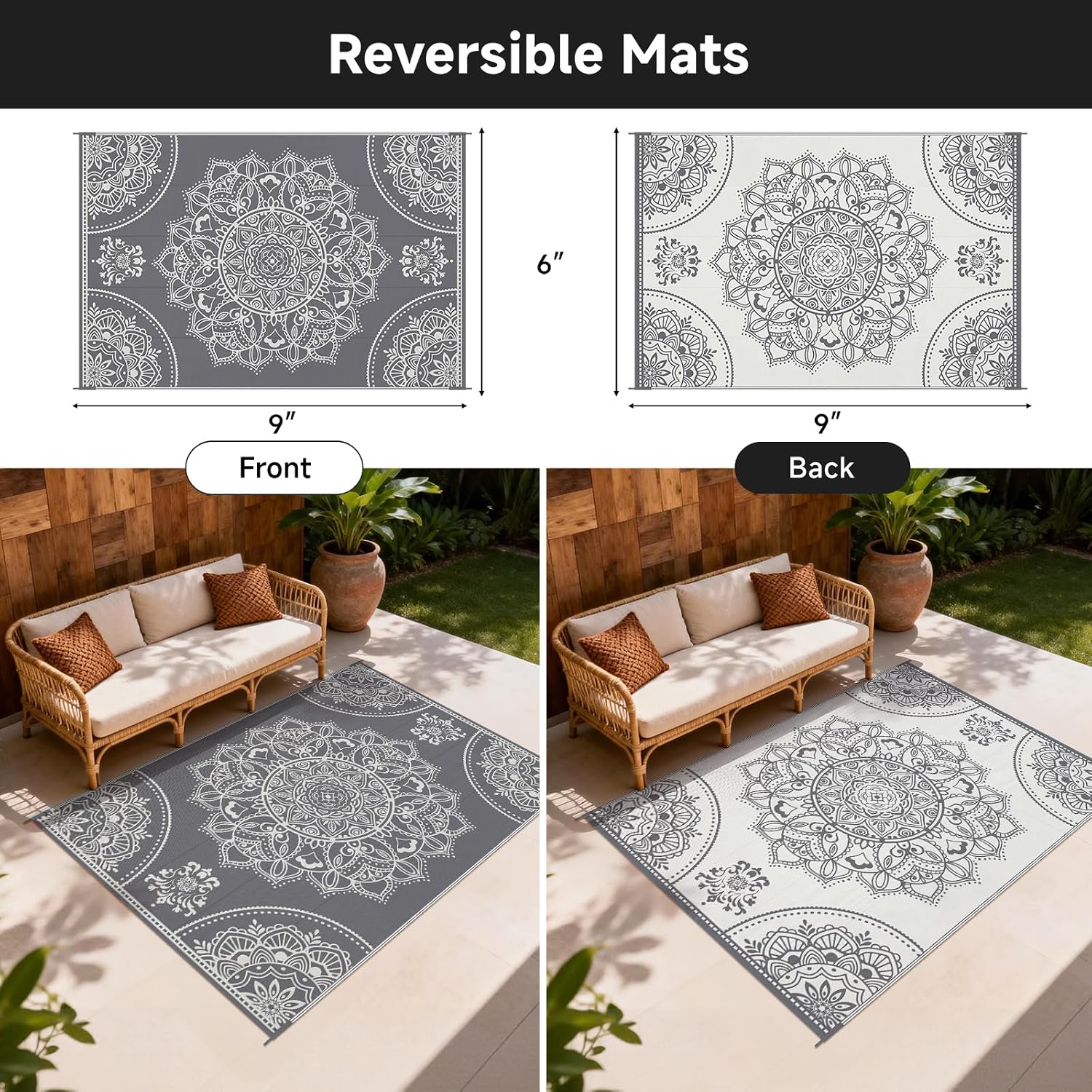 Pauwer Waterproof Outdoor Rug 6x9, Plastic Straw Patio Mat, Floral Grey