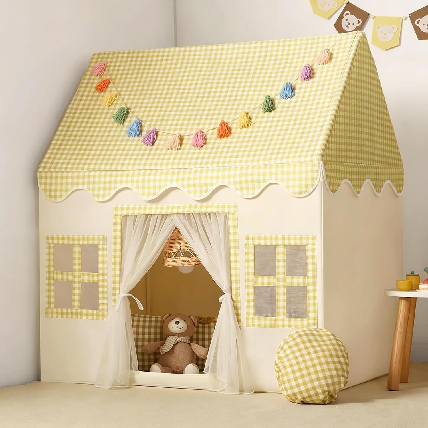 Kids Play Tent Indoor: with Mat, Tassel Garland - Pink Girls Tent Playhouse Kids Toys for Boy Girl Birthday Gift for Kids