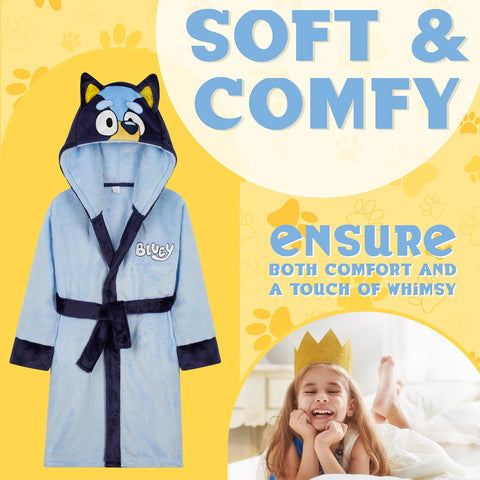 Bluey Robe for Kids, Toddlers, Sizes 18M–8Y with 3D Hood, Fleece Bathrobe, Soft Dressing Gown, Loungewear, Gifts for Girls