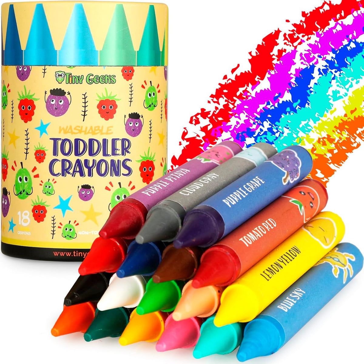 TinyGeeks Jumbo Crayons (18 Colors) – Non-Toxic, Washable Crayons for Toddlers and Kids (Ages 1-8) – Easy-to-Hold - Ideal for Travel, Art, and Learning