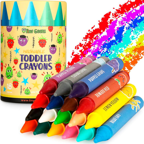 TinyGeeks Jumbo Crayons (18 Colors) – Non-Toxic, Washable Crayons for Toddlers and Kids (Ages 1-8) – Easy-to-Hold - Ideal for Travel, Art, and Learning