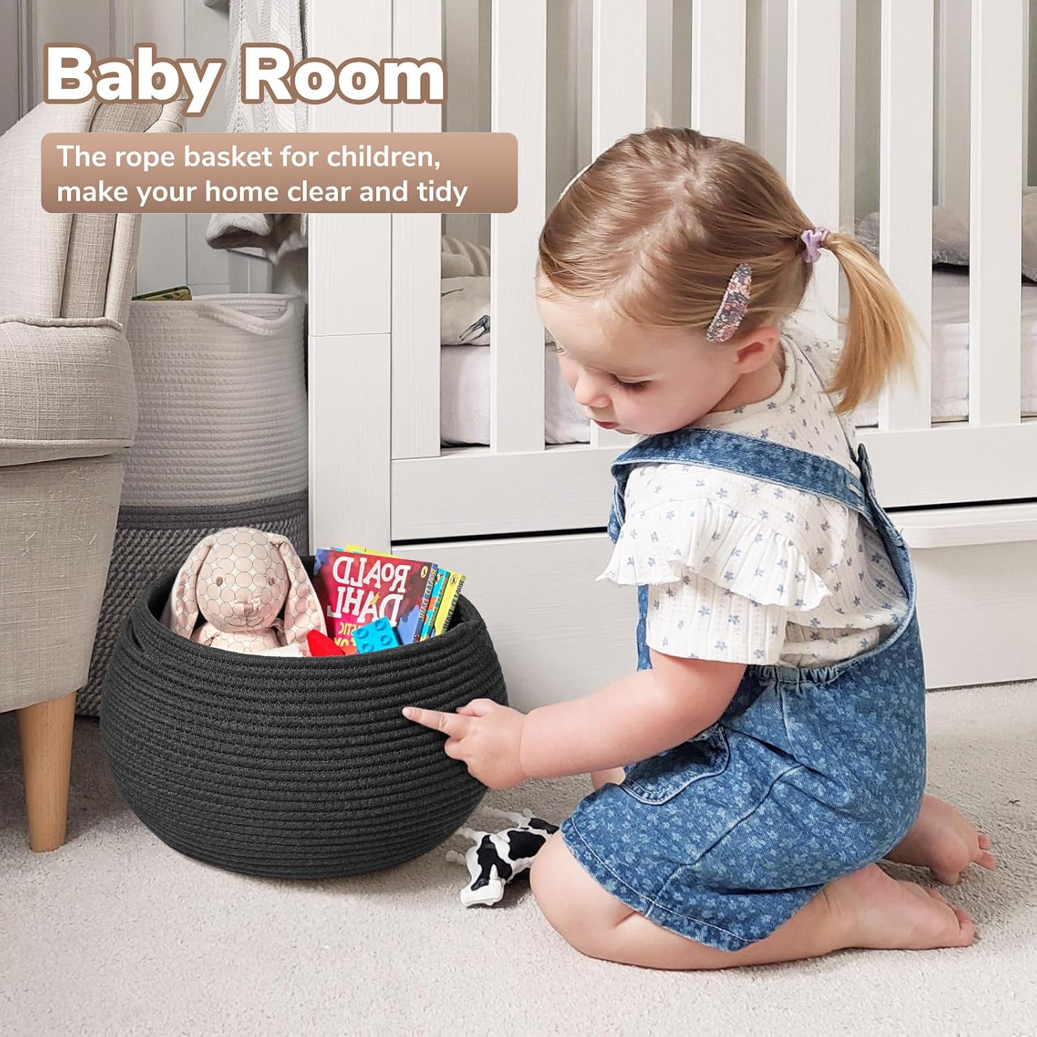 Goodpick Round Woven Rope Storage Basket for Shelves, 10" x 8.3", Black