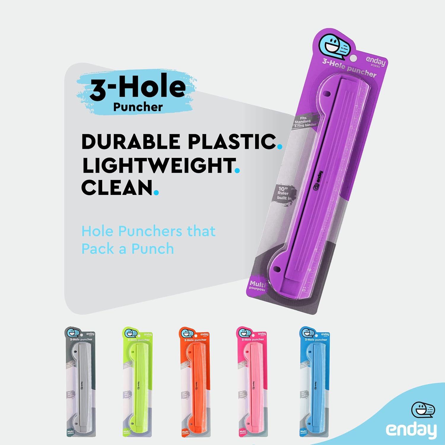 3 Hole Punch Purple, Portable Hole Puncher for 3 Ring Binder, 3 Sheets Capacity, Removable Chip Tray, 10” Ruler for School, Office, Also Available in Pink, Blue, Green, Red, Grey, 1 Pc-by Enday