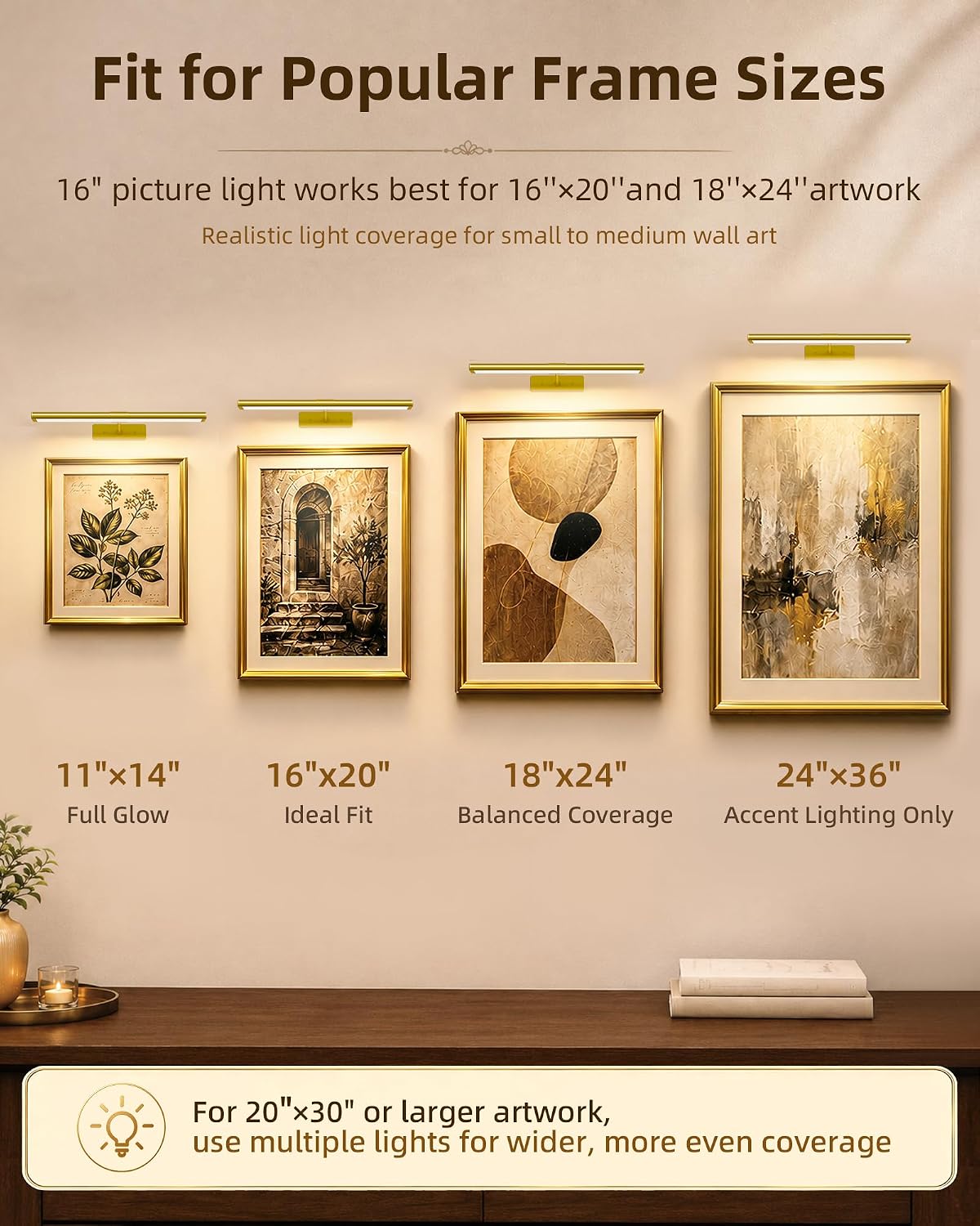 EZVALO Picture Light for Wall, 4800mAh Rechargeable Wireless Remote, 16‘’ Dimmable Magnetic LED Art Display Light with 3 Color Temperatures, for Gallery, Living Room, Bedroom, Hallway (Gold)