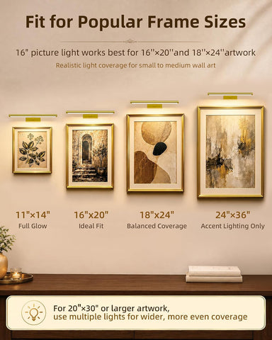 EZVALO Picture Light for Wall, 4800mAh Rechargeable Wireless Remote, 16‘’ Dimmable Magnetic LED Art Display Light with 3 Color Temperatures, for Gallery, Living Room, Bedroom, Hallway (Gold)