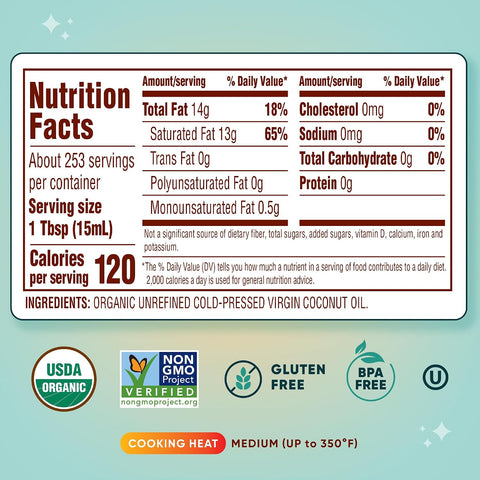 Nutiva Organic Cold-Pressed Virgin Coconut Oil, 1 Gallon, USDA Organic, Non-GMO, Whole 30 Approved, Vegan, Keto, Fresh Flavor and Aroma for Cooking & Healthy Skin and Hair
