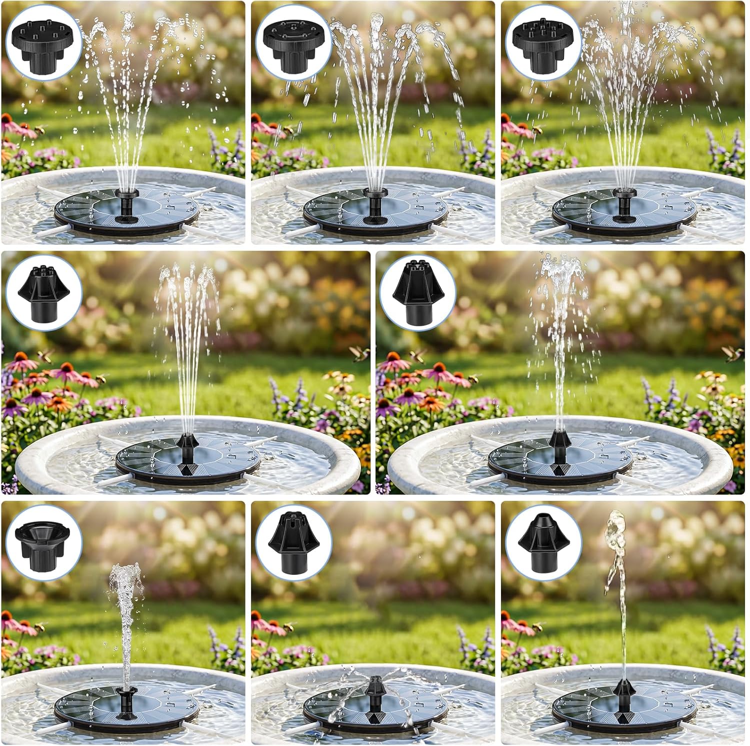 Mademax Solar Bird Bath Fountains, Upgrade 1.4W Solar Fountain Pump with 8 Nozzles & 4 Brackets, Free Standing Floating Solar Powered Water Fountain Pump for Bird Bath, Garden, Pond, Pool, Outdoor