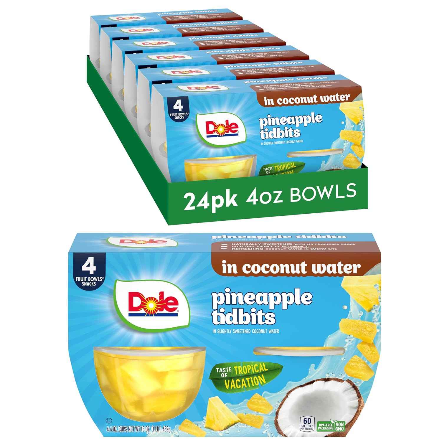 Dole Fruit Bowls Pineapple Tidbits, 4oz, 36 Total Cups | In 100% Juice Snacks, Gluten & Dairy Free, Bulk Lunch Snacks for Kids & Adults