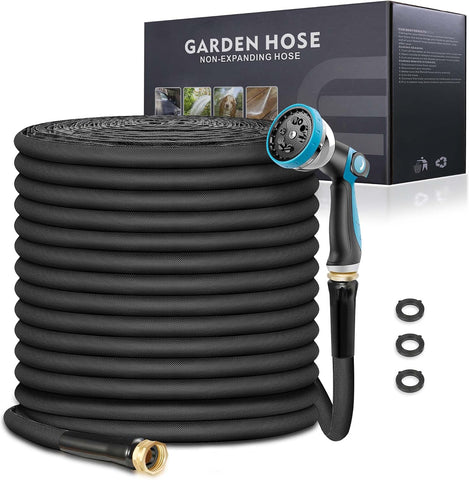 Non-Expandable Garden Hose 25feet, Flexible Water Hose with 10 Function Hose Nozzle, Lightweight, Tangle Free, Rust Proof for Yard (Black)