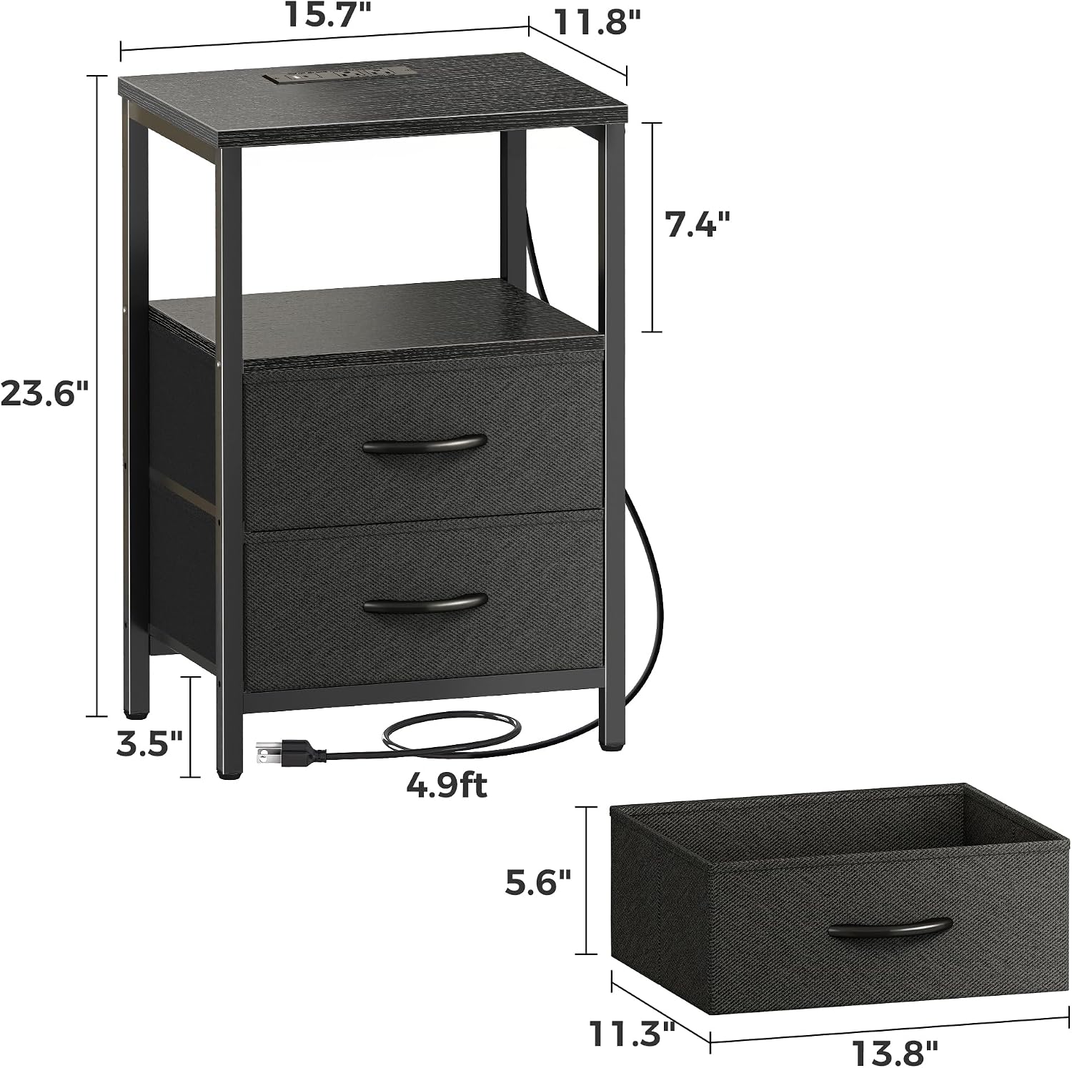 Huuger Nightstand with Charging Station, Side Table with Fabric Drawers