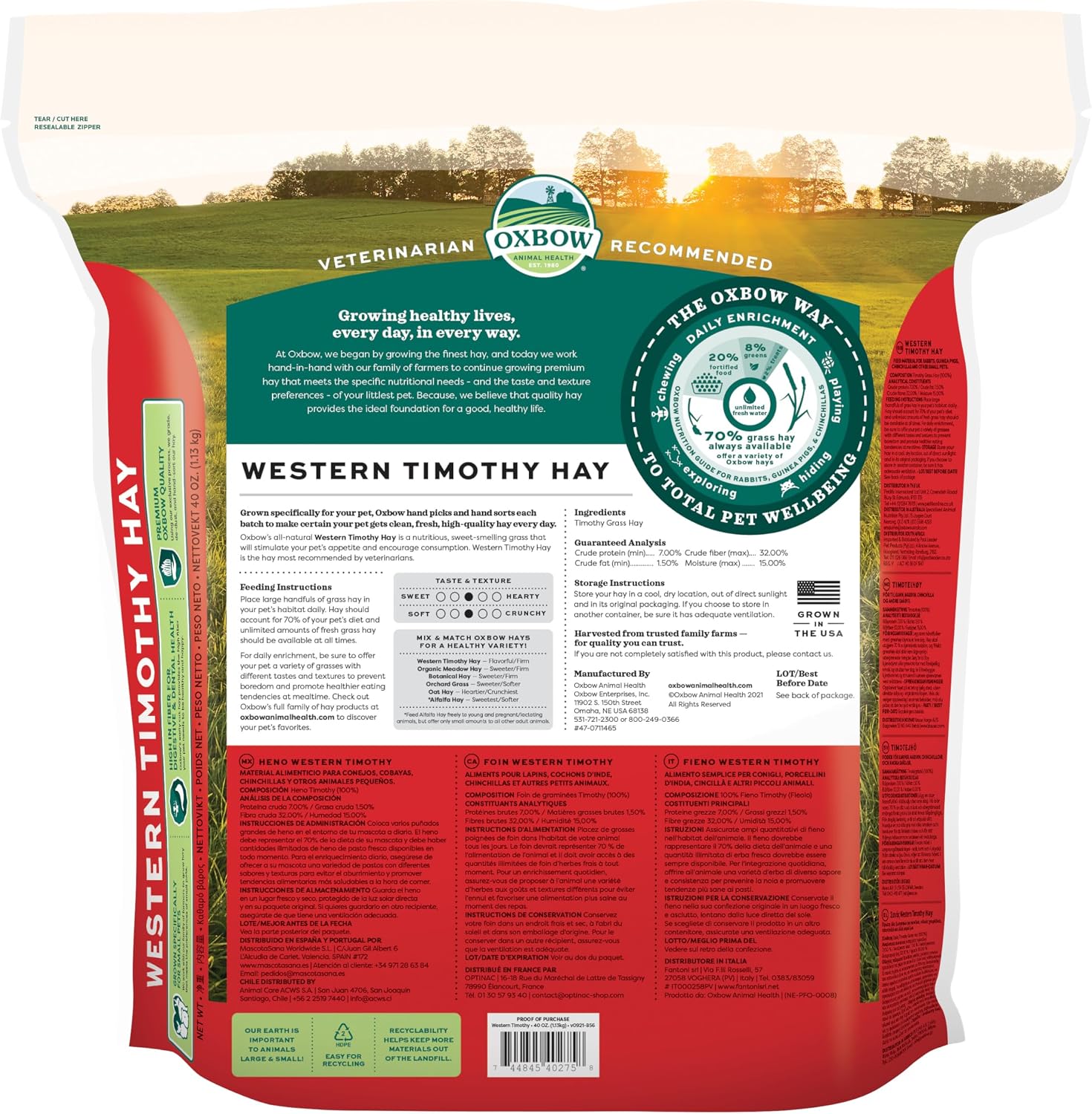 Oxbow Western Timothy Hay, Rabbit & Guinea Pig Hay, High Fiber, USA, 40 oz
