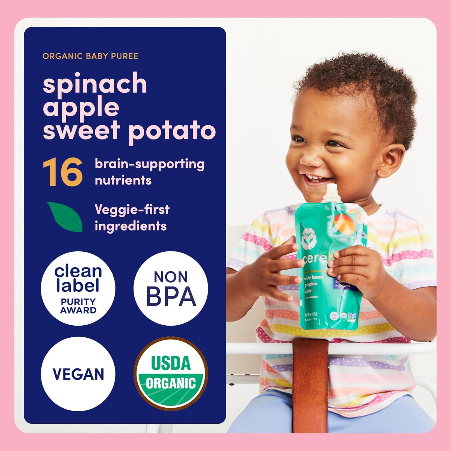 Cerebelly Organic Baby Food Pouches, Spinach Apple Sweet Potato, 4oz, 12ct