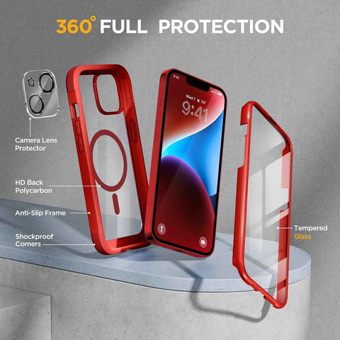 Miracase for iPhone 14 Case,Full-Body Bumper &Glass Screen Protector,Red