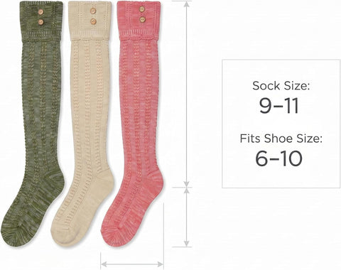 Tipi Toe Women's 3-Pairs Winter Warm Knee High/Over The Knee With Buttons Cotton-Blend Boot Socks