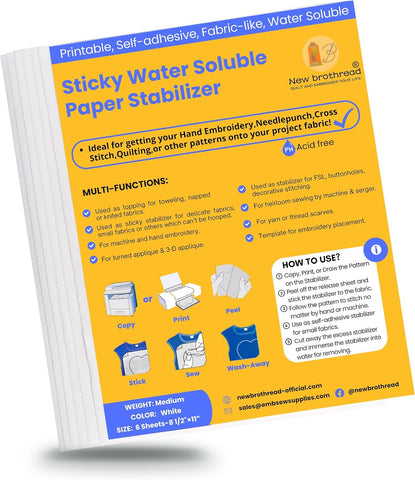 New brothread 6PCS 8.5"x11" Sticky Water Soluble Embroidery Stabilizer