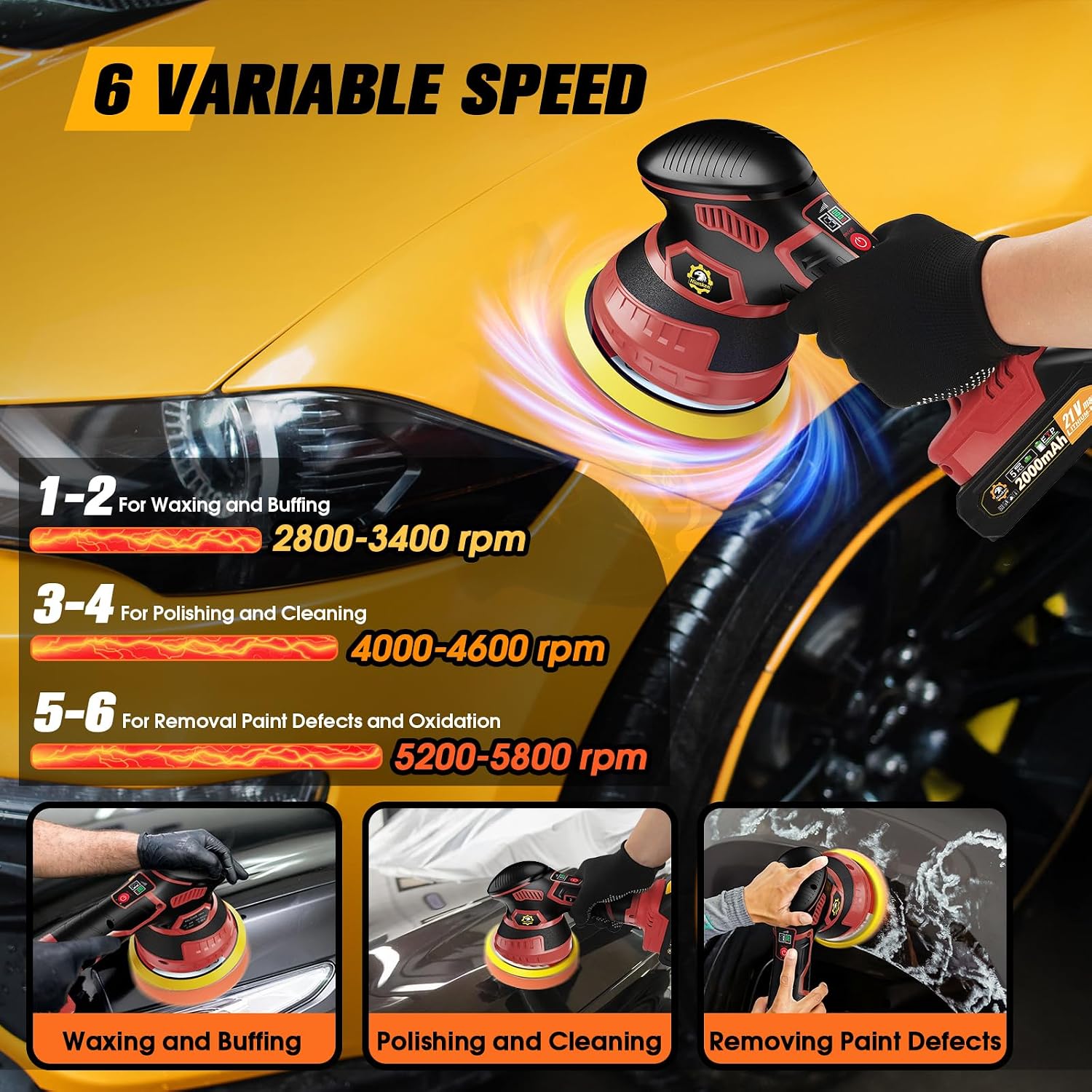 Cordless Car Buffer Polisher kit, DA Polisher with 2*21V Batteries