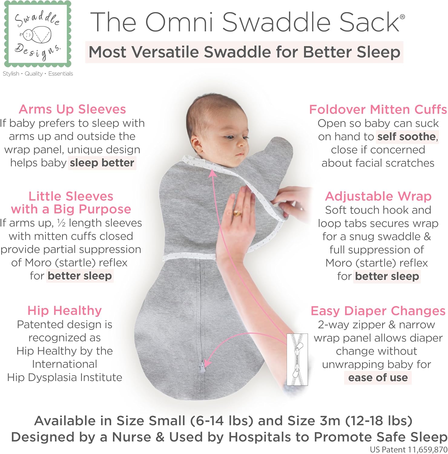 SwaddleDesigns 6-Way Omni Swaddle Sack, Arms Up Swaddle for Newborn, More Options to Calm Startle Reflex, Improves Sleep, Small, 0-3 Month, 6-14 lbs, Heathered Gray