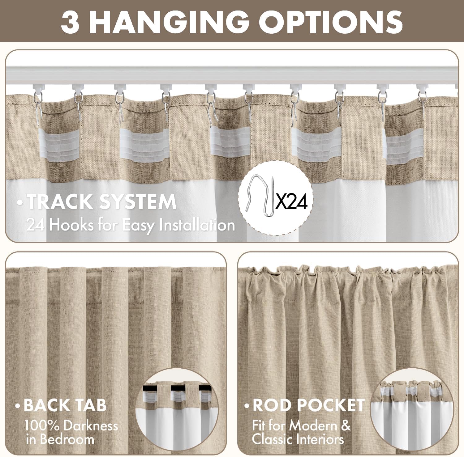MIULEE 100% Blackout Linen Curtains for Bedroom 40W x 90L Oatmeal 2 Panels