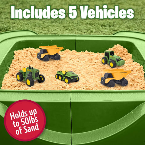 John Deere Sandbox Playset with Protective Cover, Includes 5 Realistic Trucks & Tractors, Perfect Outdoor Sand Toy for Kids, Imaginative Play & Active Backyard Fun