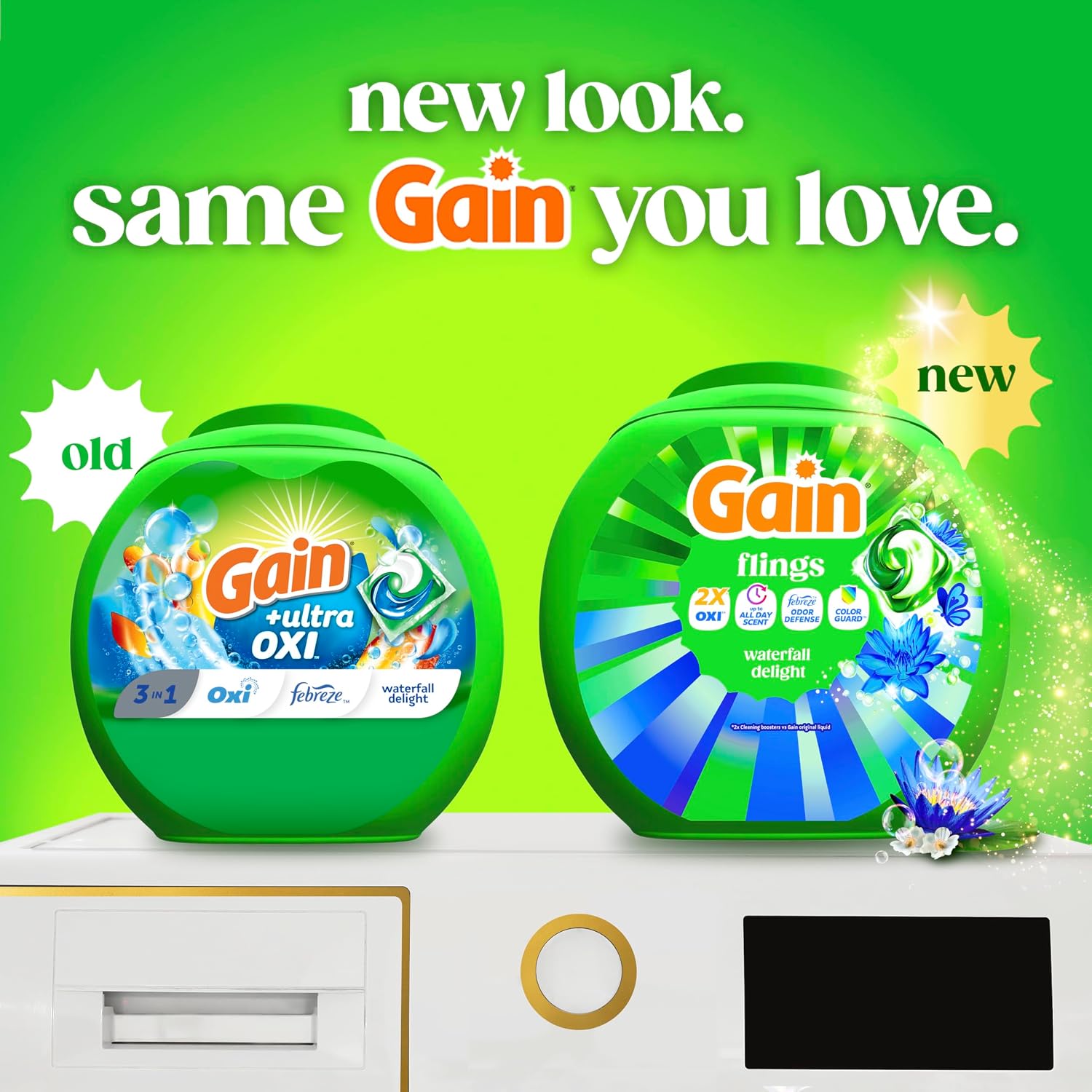 Gain Flings Liquid Washing Detergent Pacs, Now with Odor Defense + Color Guard, Waterfall Delight Scent, 4-In-1 Liquid Laundry Detergent Pods, Clean & Fresh, 112 Count (Packaging May Vary)